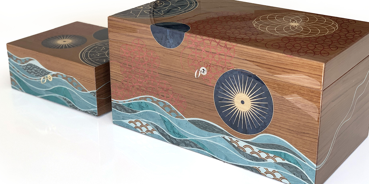 Handmade marquetry marine motif jewellery box