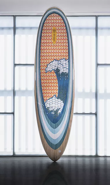Handmade marquetry by Dtales on No-Made Wooden Surfboard